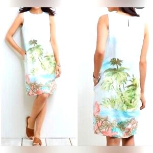 Ladies J Jill Love Linen Tropical Sleeveless Dress Beach Scene Cruise Med Lined